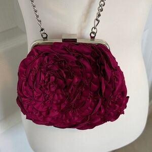 White House Black Market Satin Rose-Embellished Clutch in Deep Berry purse prom